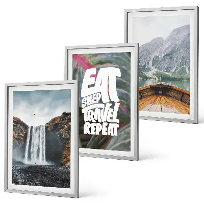 3er-Set Bilder mit Rahmen Motiv Wasserfall, Berge, Natur und Boot
