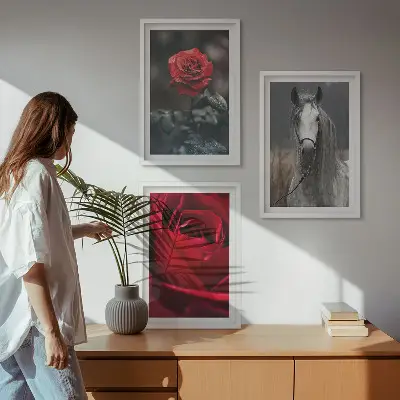 Bilder-3er-Set mit Rahmen mit den Motiven Rote Rosen, Pferdegrau und Welt