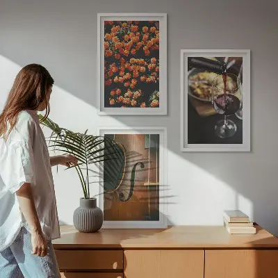 3er-Set Wandbilder mit Rahmen Motiv Vintage Blumen Wein und Geige