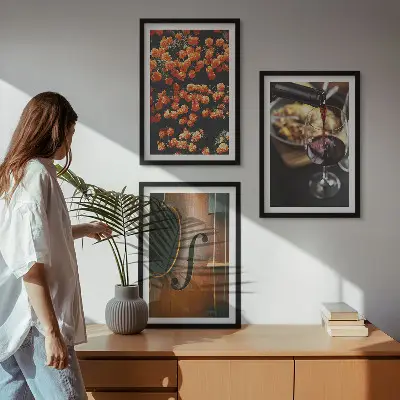 3er-Set Wandbilder mit Rahmen Motiv Vintage Blumen Wein und Geige
