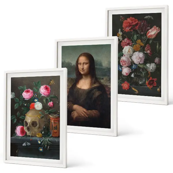 Blumenschädel-Porträt Mona Lisa 3er-Set mit Rahmen