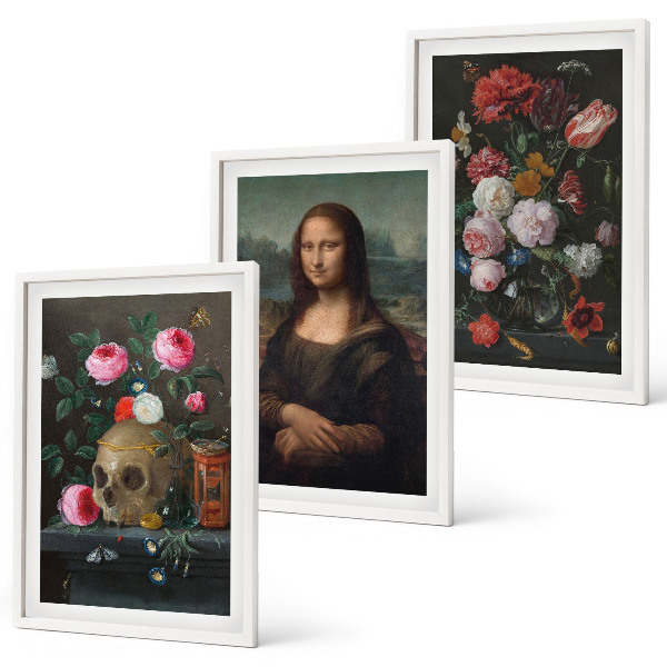 Bilder-3er-set mit rahmen Blumenschädel-Porträt Mona Lisa