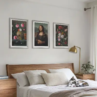 Blumenschädel-Porträt Mona Lisa 3er-Set mit Rahmen