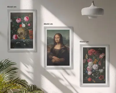 Blumenschädel-Porträt Mona Lisa 3er-Set mit Rahmen