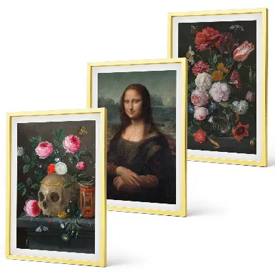 Blumenschädel-Porträt Mona Lisa 3er-Set mit Rahmen