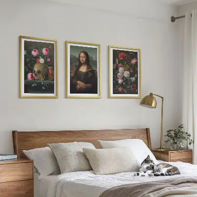 Blumenschädel-Porträt Mona Lisa 3er-Set mit Rahmen