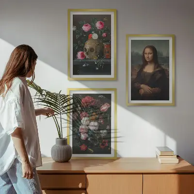 Blumenschädel-Porträt Mona Lisa 3er-Set mit Rahmen
