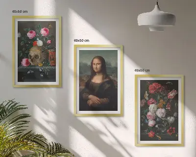 Blumenschädel-Porträt Mona Lisa 3er-Set mit Rahmen
