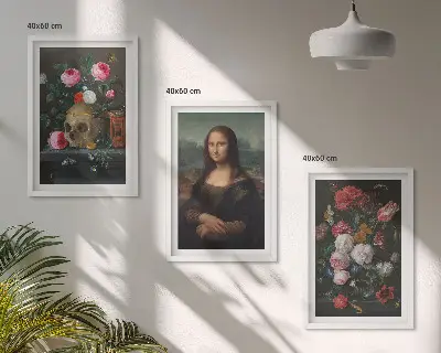 Blumenschädel-Porträt Mona Lisa 3er-Set mit Rahmen