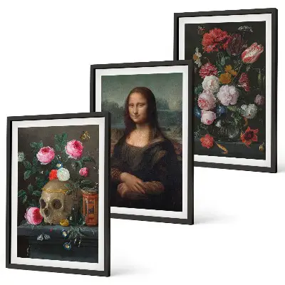 Blumenschädel-Porträt Mona Lisa 3er-Set mit Rahmen