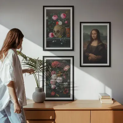 Blumenschädel-Porträt Mona Lisa 3er-Set mit Rahmen