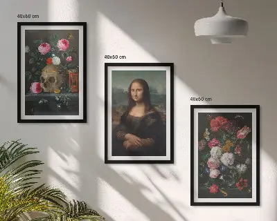 Blumenschädel-Porträt Mona Lisa 3er-Set mit Rahmen