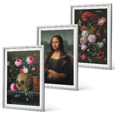 Blumenschädel-Porträt Mona Lisa 3er-Set mit Rahmen