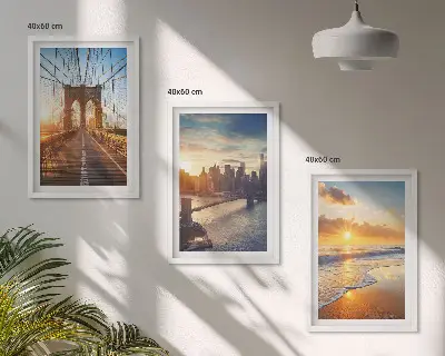 Gerahmtes Bilderset mit Motiven von Brücken Sonnenuntergängen und Städten