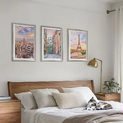 3er-Set Bilder mit Rahmen Städte New York und Paris in der Dämmerung