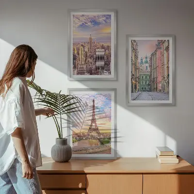 3er-Set Bilder mit Rahmen Städte New York und Paris in der Dämmerung