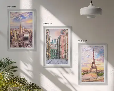 3er-Set Bilder mit Rahmen Städte New York und Paris in der Dämmerung