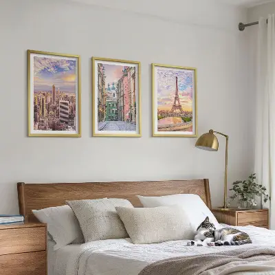 3er-Set Bilder mit Rahmen Städte New York und Paris in der Dämmerung