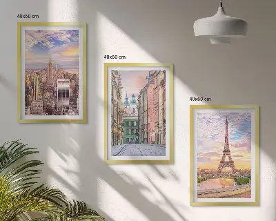 3er-Set Bilder mit Rahmen Städte New York und Paris in der Dämmerung