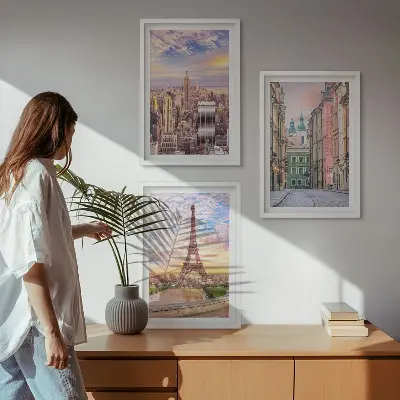 3er-Set Bilder mit Rahmen Städte New York und Paris in der Dämmerung