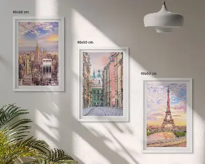 3er-Set Bilder mit Rahmen Städte New York und Paris in der Dämmerung