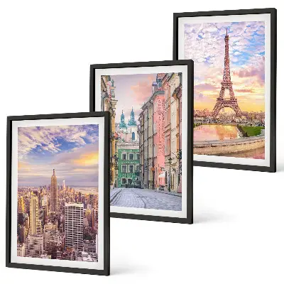 3er-Set Bilder mit Rahmen Städte New York und Paris in der Dämmerung
