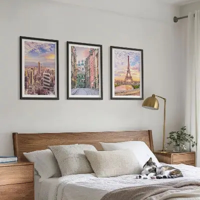 3er-Set Bilder mit Rahmen Städte New York und Paris in der Dämmerung
