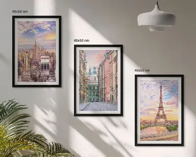 3er-Set Bilder mit Rahmen Städte New York und Paris in der Dämmerung