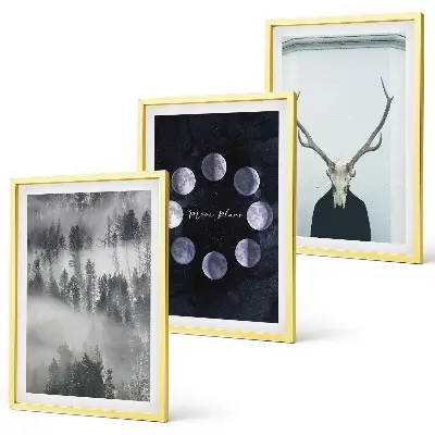 3er-Set Bilder mit Rahmen Waldlandschaft mit Nebel Mond und Hirschschädel