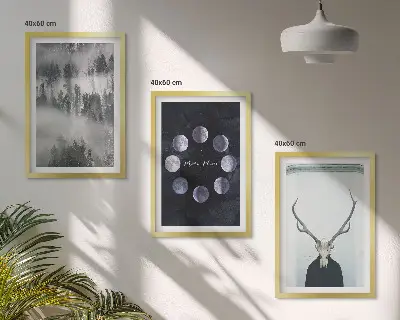 3er-Set Bilder mit Rahmen Waldlandschaft mit Nebel Mond und Hirschschädel
