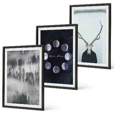 3er-Set Bilder mit Rahmen Waldlandschaft mit Nebel Mond und Hirschschädel