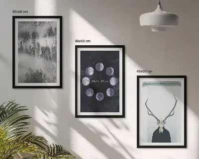 3er-Set Bilder mit Rahmen Waldlandschaft mit Nebel Mond und Hirschschädel