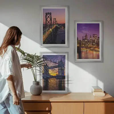 Gerahmtes Bilderset mit Brücken, Sonne und Stadtblick