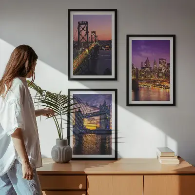 Gerahmtes Bilderset mit Brücken, Sonne und Stadtblick