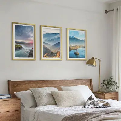 3er-Set Wandbilder mit Rahmen Motiv Berglandschaften und Wasserfälle