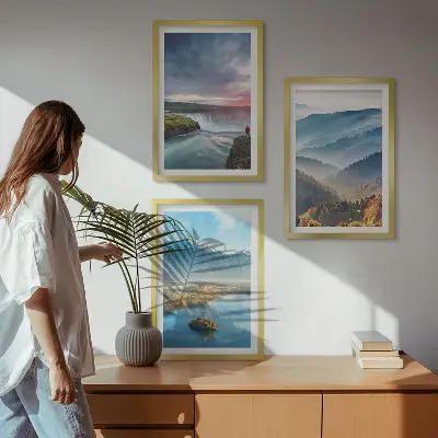 3er-Set Wandbilder mit Rahmen Motiv Berglandschaften und Wasserfälle