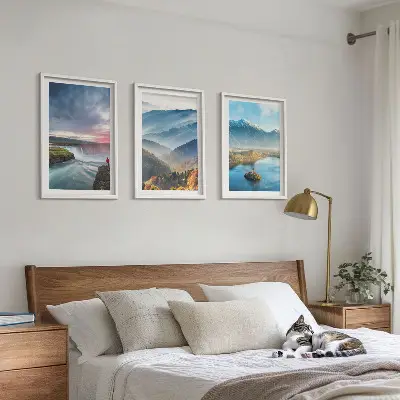 3er-Set Wandbilder mit Rahmen Motiv Berglandschaften und Wasserfälle