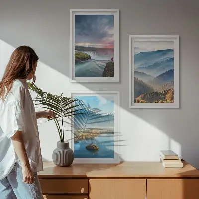 3er-Set Wandbilder mit Rahmen Motiv Berglandschaften und Wasserfälle