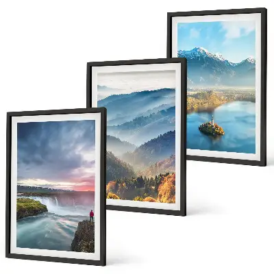 3er-Set Wandbilder mit Rahmen Motiv Berglandschaften und Wasserfälle