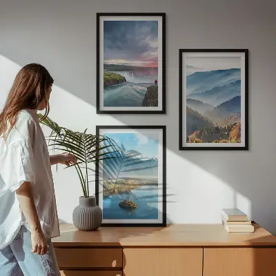 3er-Set Wandbilder mit Rahmen Motiv Berglandschaften und Wasserfälle