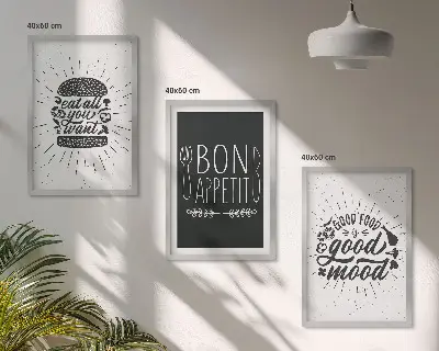 Gerahmtes Bilderset mit Grafiken von Lebensmitteln und kulinarischen Slogans