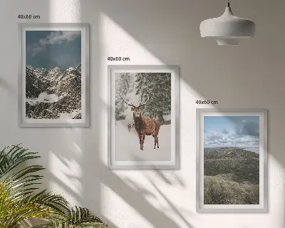 Gerahmtes Bilderset mit Motiven von Bergen, Schnee, Hirschen und einer Waldlandschaft