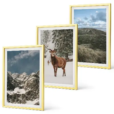 Gerahmtes Bilderset mit Motiven von Bergen, Schnee, Hirschen und einer Waldlandschaft