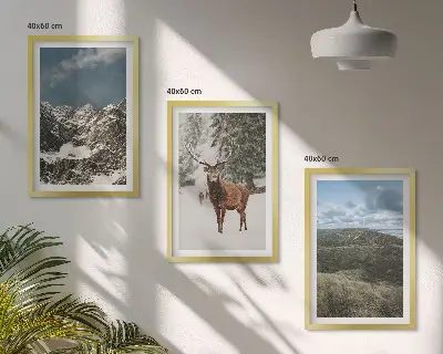 Gerahmtes Bilderset mit Motiven von Bergen, Schnee, Hirschen und einer Waldlandschaft
