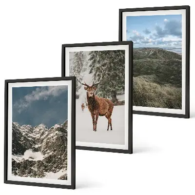 Gerahmtes Bilderset mit Motiven von Bergen, Schnee, Hirschen und einer Waldlandschaft