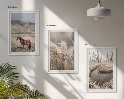 3er-Set Bilder mit Rahmen Pferde in idyllischer Bach- und Graslandschaft