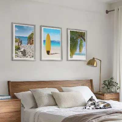 3er-Set Bilder mit Rahmen Motiv Urlaubsstrände mit Wellen und Palmen