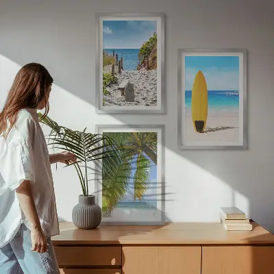 3er-Set Bilder mit Rahmen Motiv Urlaubsstrände mit Wellen und Palmen