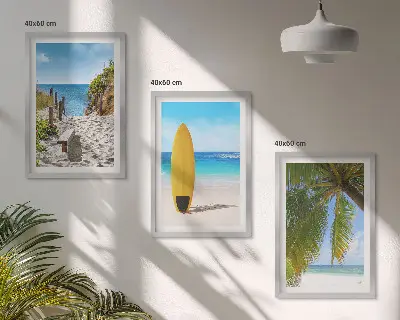 3er-Set Bilder mit Rahmen Motiv Urlaubsstrände mit Wellen und Palmen