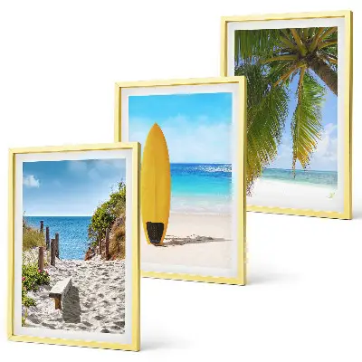 3er-Set Bilder mit Rahmen Motiv Urlaubsstrände mit Wellen und Palmen